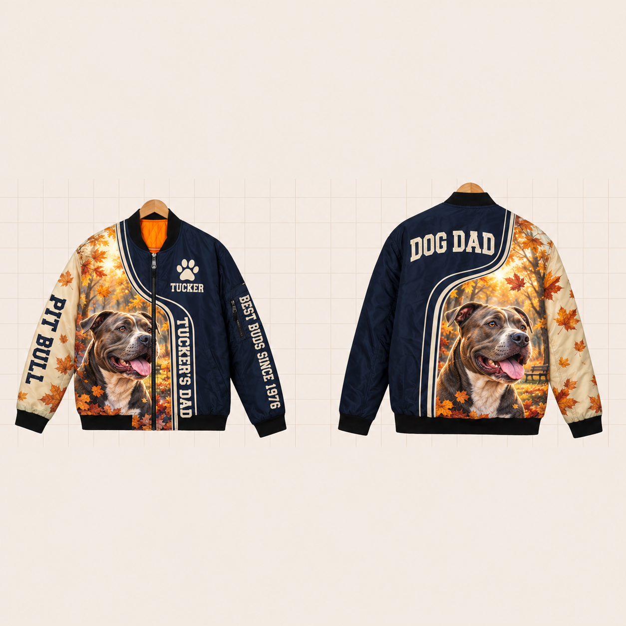 All-Over Print Bomber Jacket personalized with "Pit Bull Dad" and dog bone artwork on the back