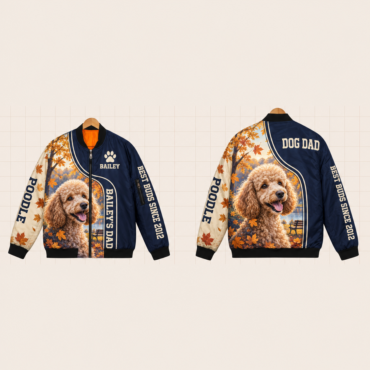 All-Over Print Bomber Jacket personalized with "Poodle Dad" and dog bone artwork on the back