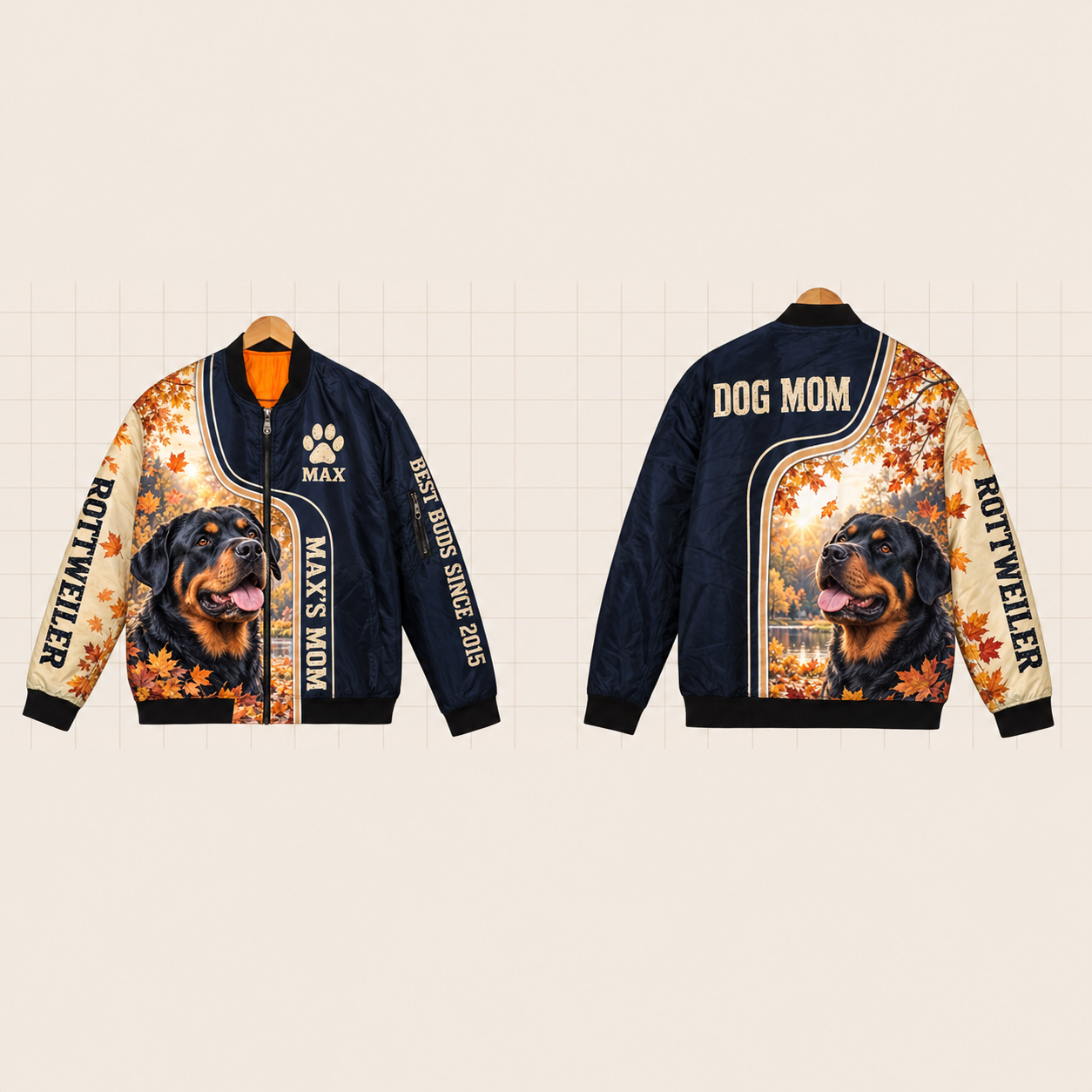 All-Over Print Bomber Jacket personalized with "Rottweiler Mom" and dog bone artwork on the back