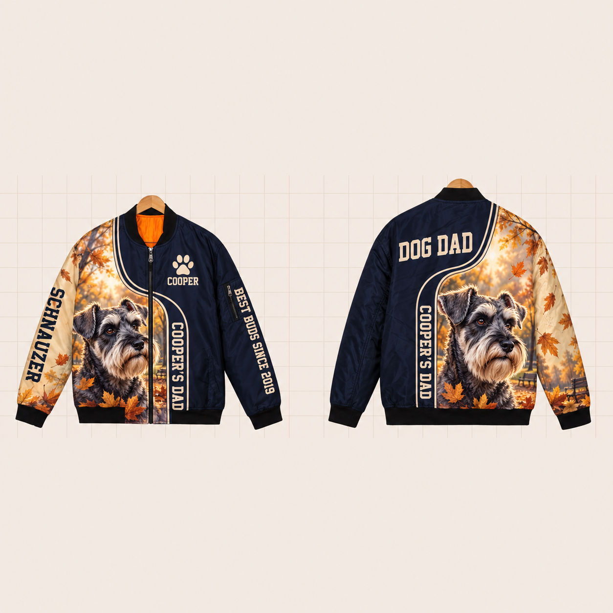 All-Over Print Bomber Jacket personalized with "Schnauzer Dad" and dog bone artwork on the back