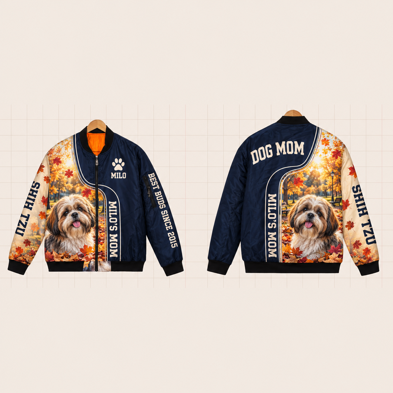 All-Over Print Bomber Jacket personalized with "Shih Tzu Mom" and dog bone artwork on the back