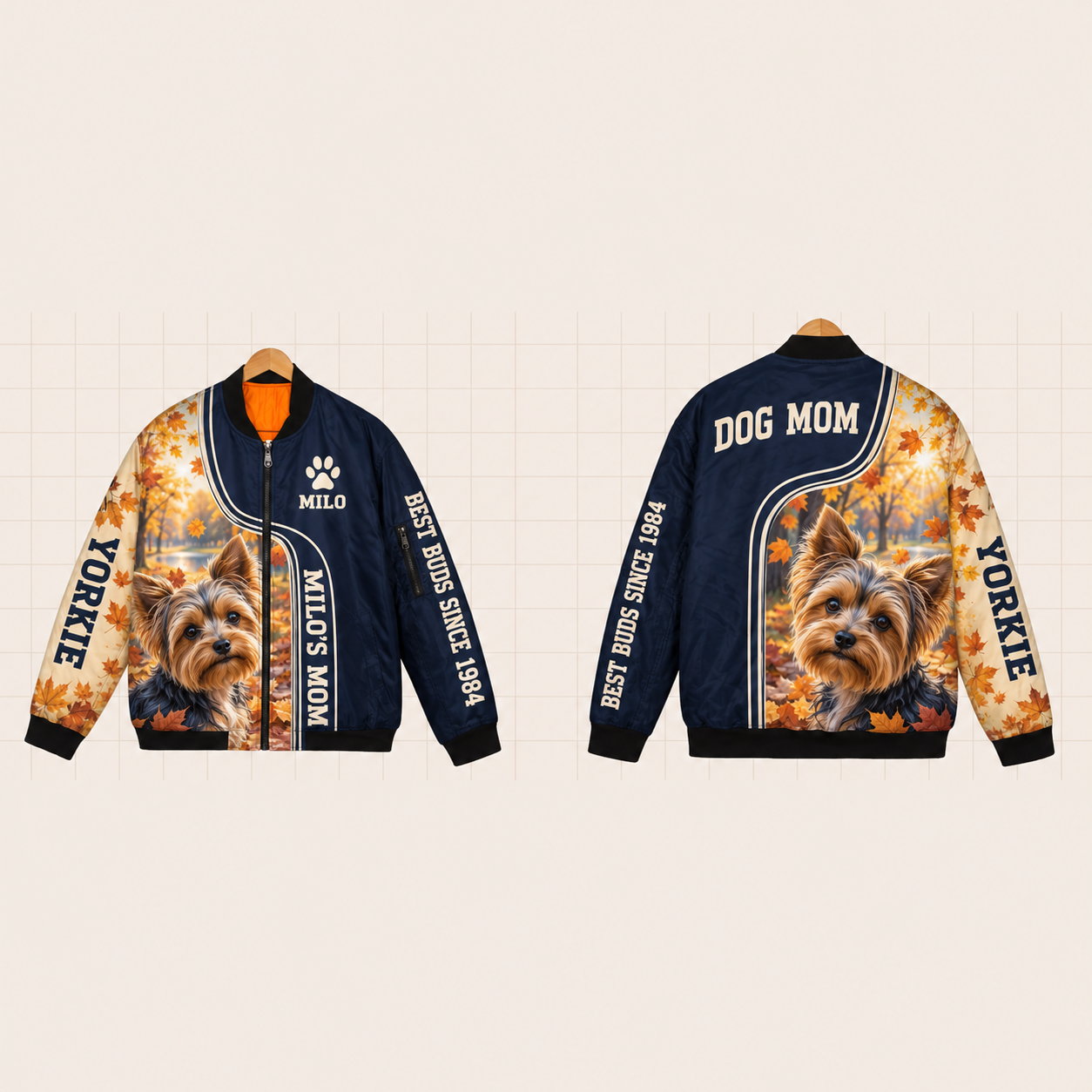 All-Over Print Bomber Jacket personalized with "Yorkie Mom" and dog bone artwork on the back