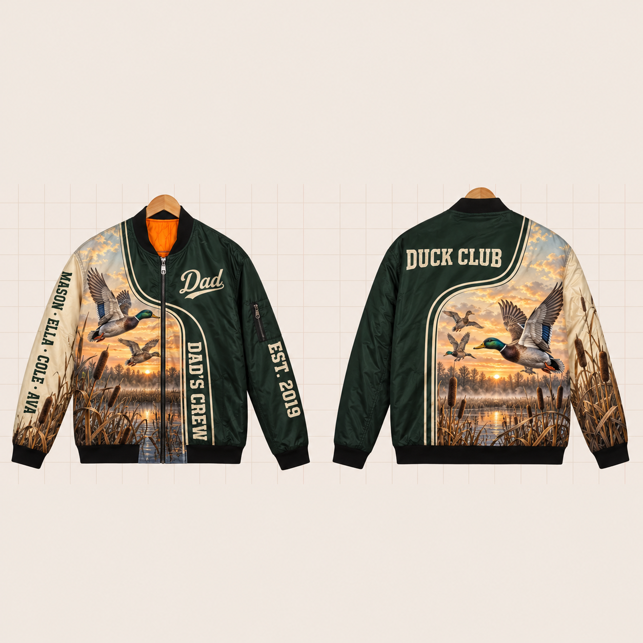 All-Over Print Bomber Jacket personalized with "Dad's Duck Hunting Crew" and duck call artwork on the back
