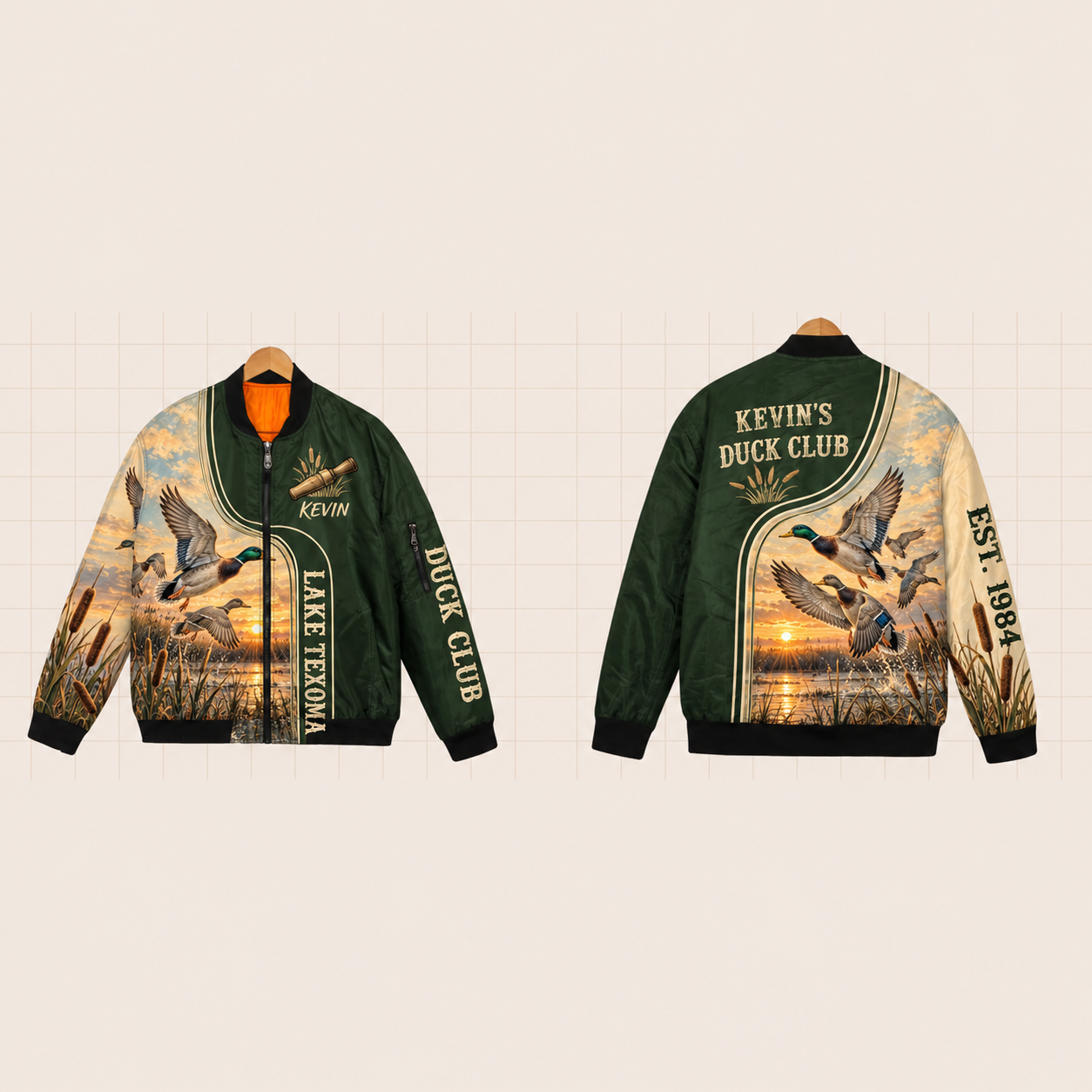 All-Over Print Bomber Jacket personalized with "Lake Texoma Duck Club" and duck call artwork on the back
