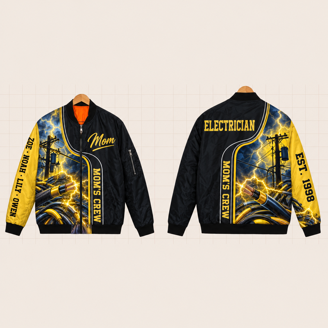 All-Over Print Bomber Jacket personalized with "Mom's Electrician Crew" and wire stripper artwork on the back