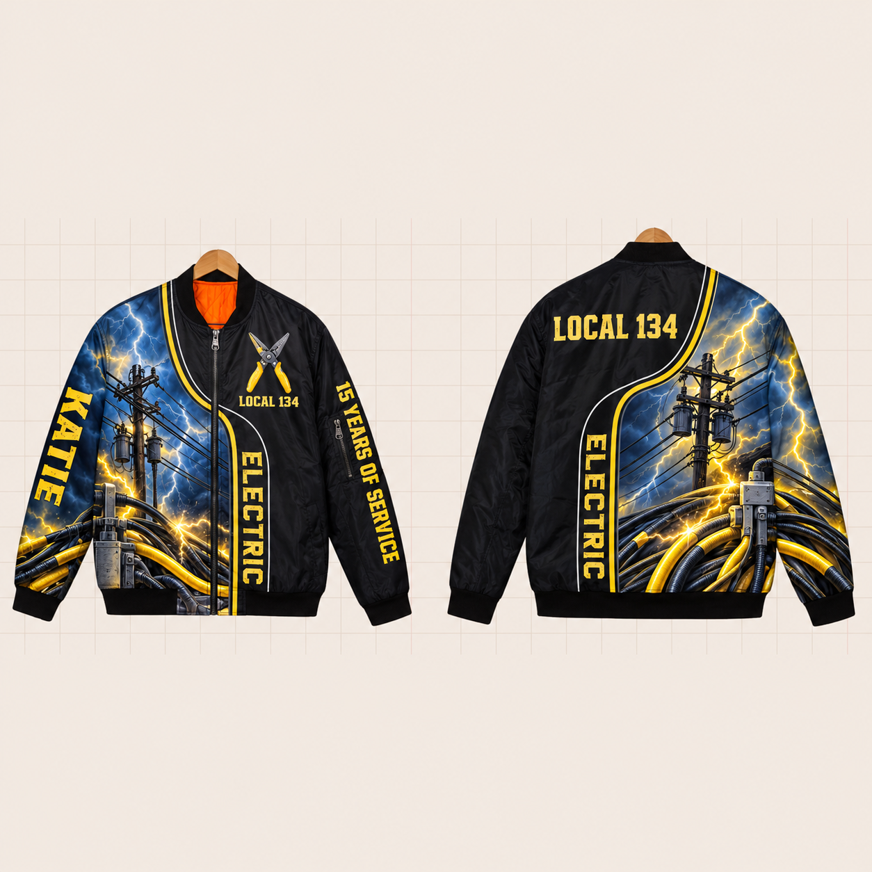 All-Over Print Bomber Jacket personalized with "Electrician Local 134 15 Years" and wire stripper artwork on the back