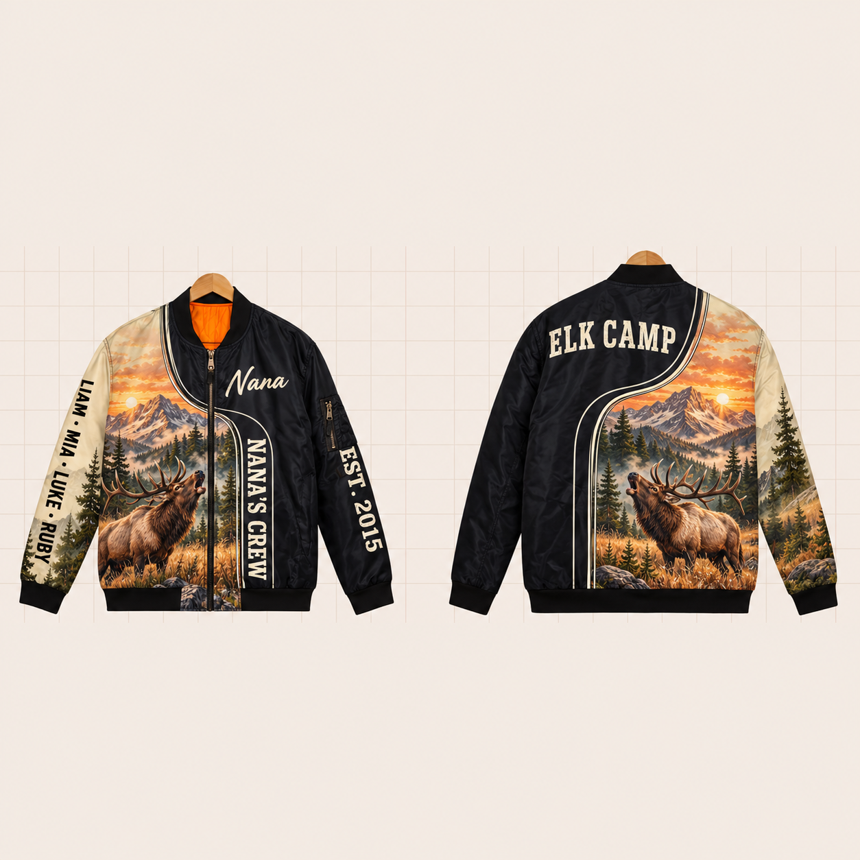All-Over Print Bomber Jacket personalized with "Nana's Elk Hunting Crew" and mountain peak artwork on the back