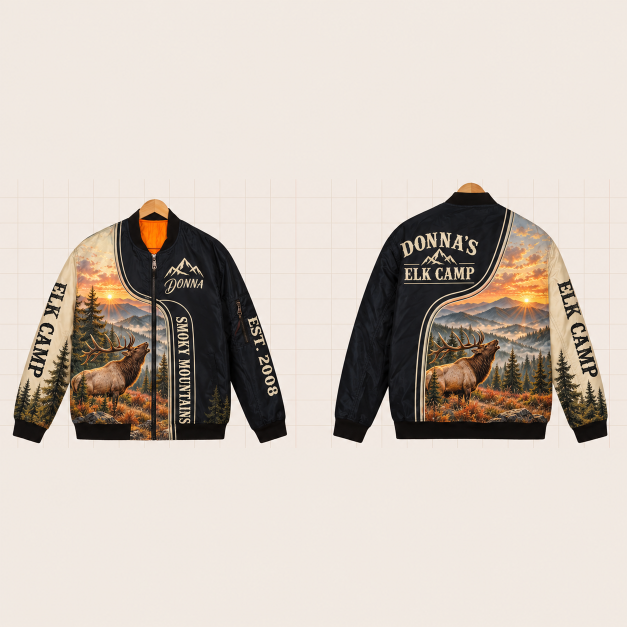 All-Over Print Bomber Jacket personalized with "Smoky Mountains Elk Camp" and mountain peak artwork on the back