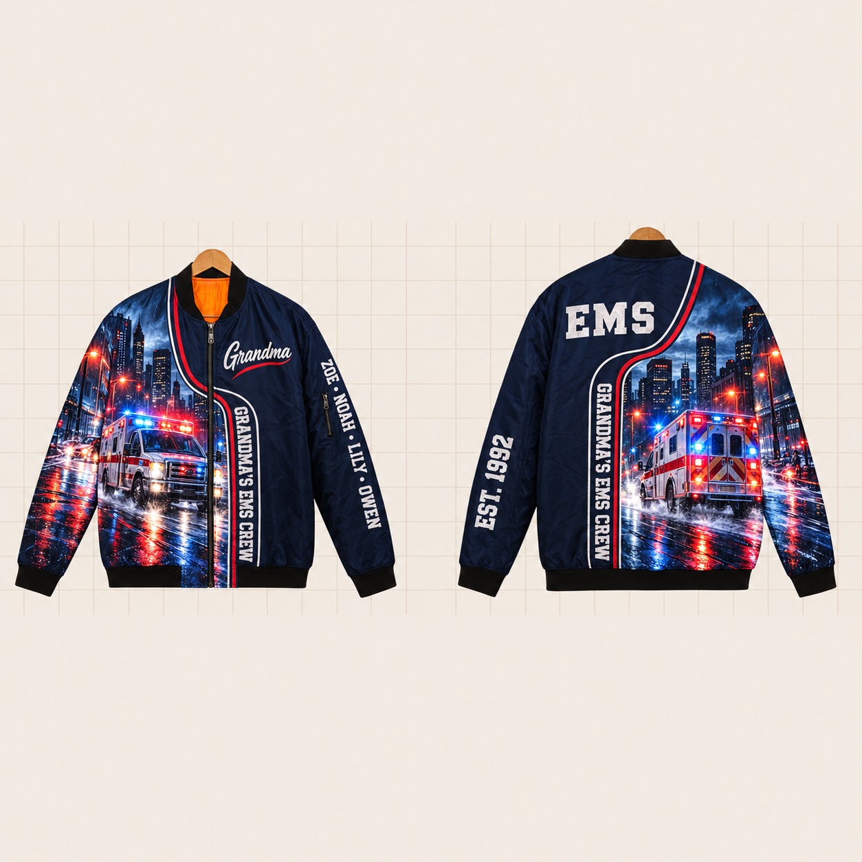 All-Over Print Bomber Jacket personalized with "Grandma's EMS Crew" and first-aid bag with a small white plus sign (never red, never a Star of Life) artwork on the back