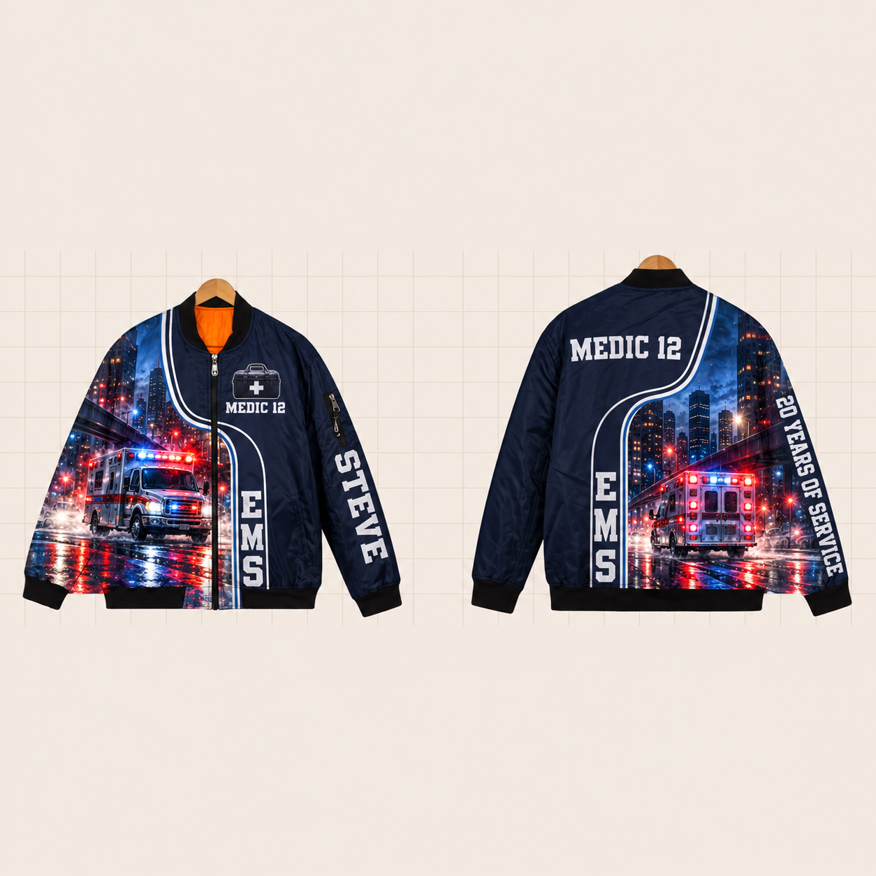 All-Over Print Bomber Jacket personalized with "EMS Medic 12 20 Years" and first-aid bag with a small white plus sign (never red, never a Star of Life) artwork on the back