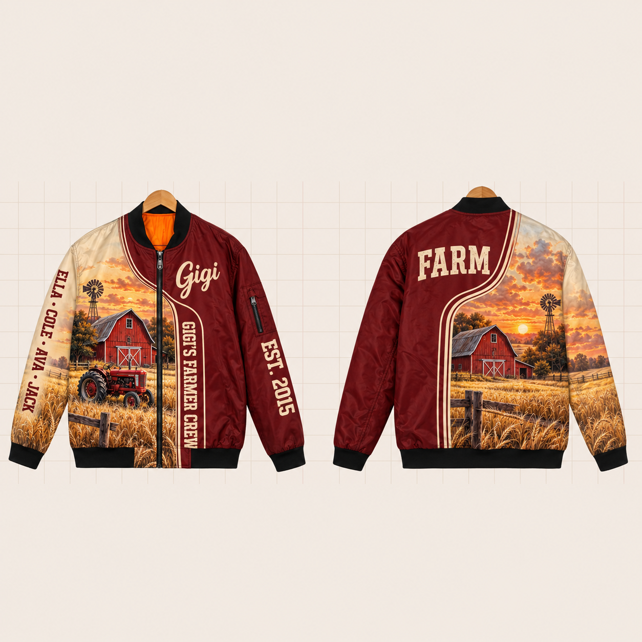 All-Over Print Bomber Jacket personalized with "Gigi's Farmer Crew" and cattle head artwork on the back