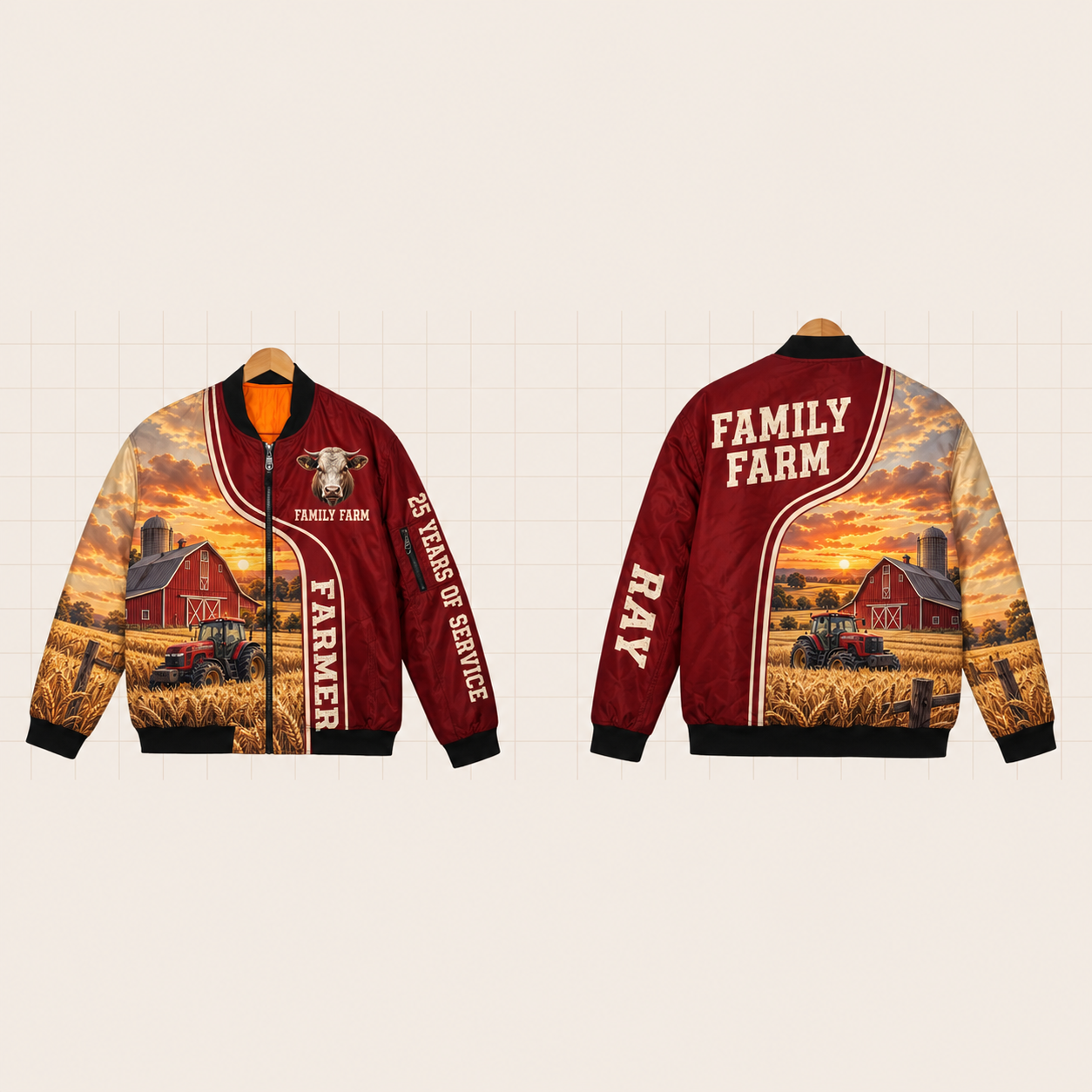 All-Over Print Bomber Jacket personalized with "Farmer Family Farm 25 Years" and cattle head artwork on the back