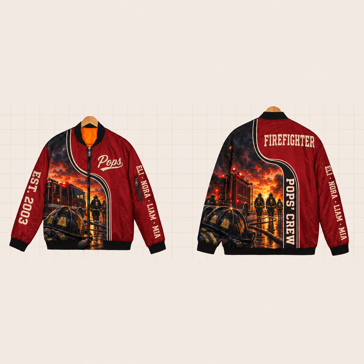 All-Over Print Bomber Jacket personalized with "Pops' Firefighter Crew" and fire helmet artwork on the back