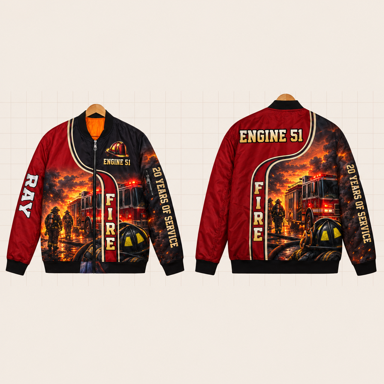 All-Over Print Bomber Jacket personalized with "Firefighter Engine 51 20 Years" and fire helmet artwork on the back