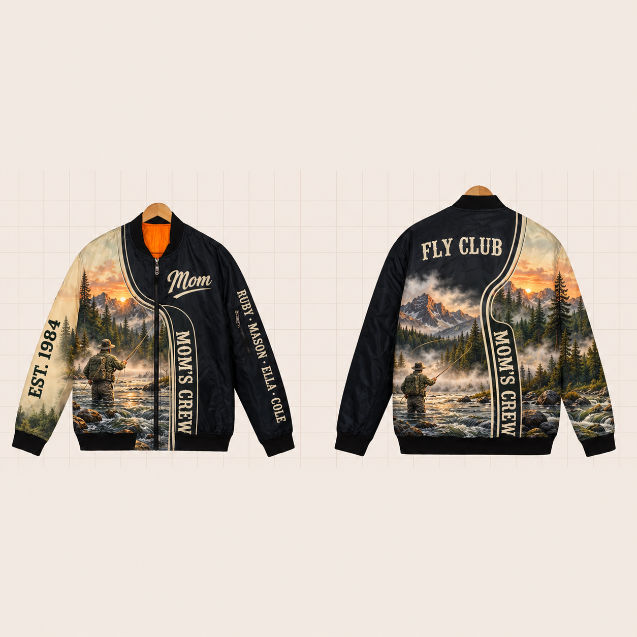 All-Over Print Bomber Jacket personalized with "Mom's Fly Fishing Crew" and fly lure artwork on the back