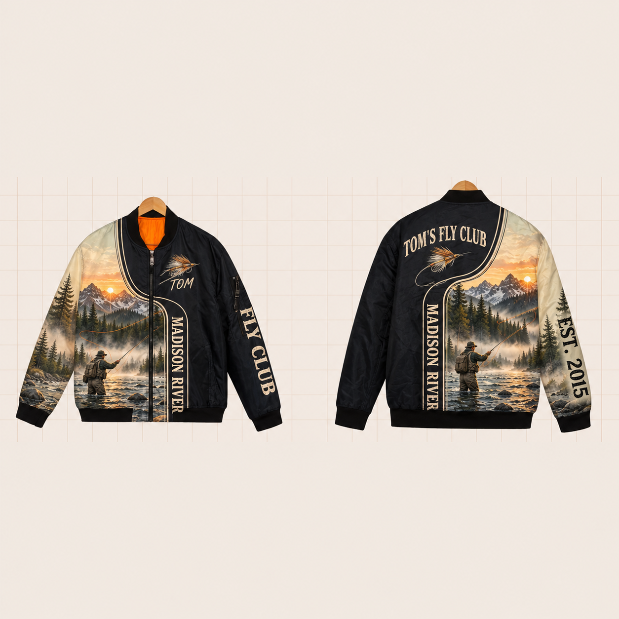 All-Over Print Bomber Jacket personalized with "Madison River Fly Club" and fly lure artwork on the back