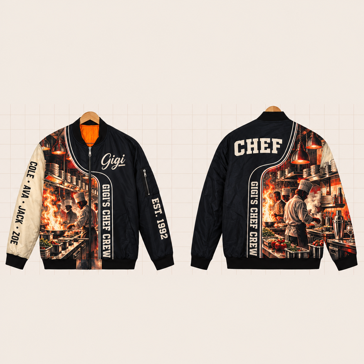 All-Over Print Bomber Jacket personalized with "Gigi's Chef Crew" and cocktail shaker artwork on the back