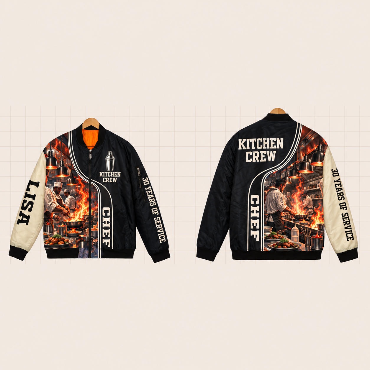 All-Over Print Bomber Jacket personalized with "Chef Kitchen Crew 30 Years" and cocktail shaker artwork on the back
