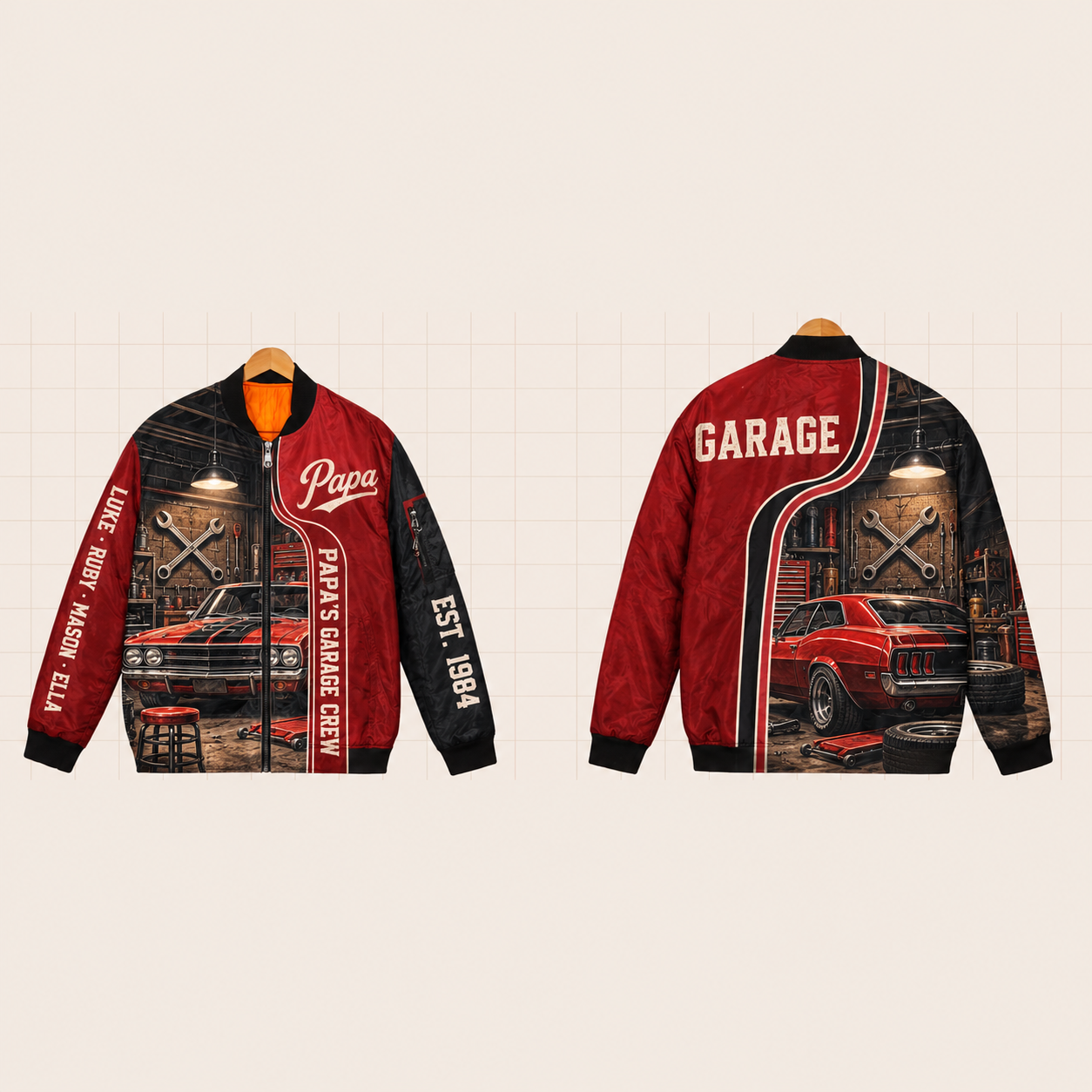 All-Over Print Bomber Jacket personalized with "Papa's Garage Crew" and piston artwork on the back