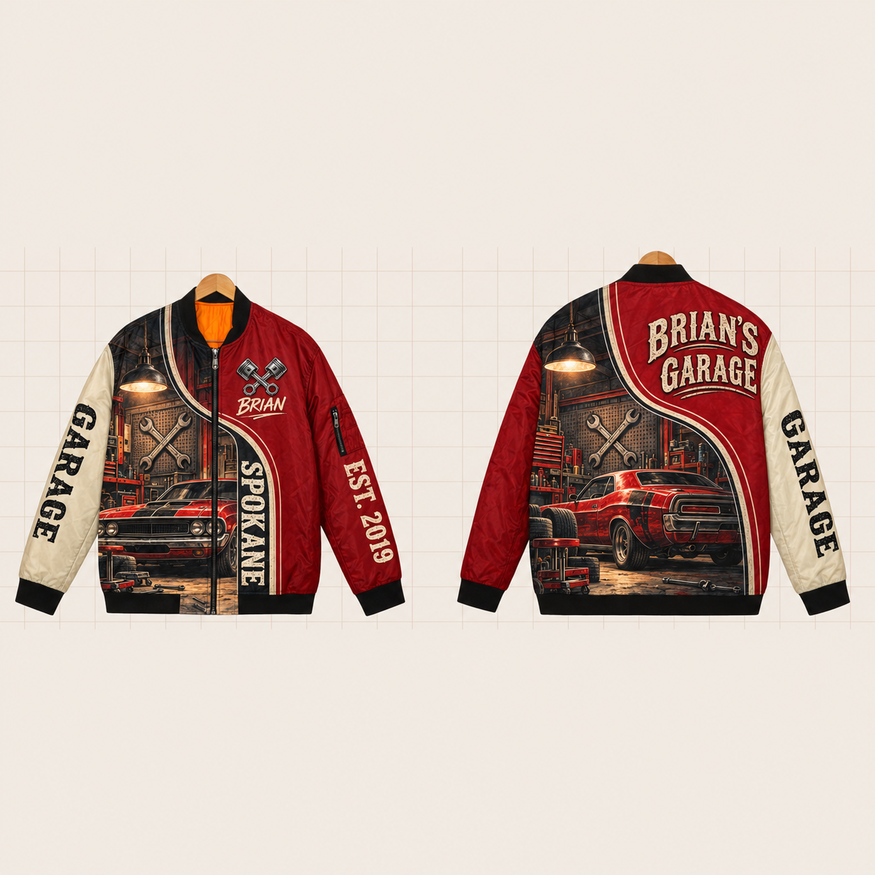 All-Over Print Bomber Jacket personalized with "Spokane Garage" and piston artwork on the back