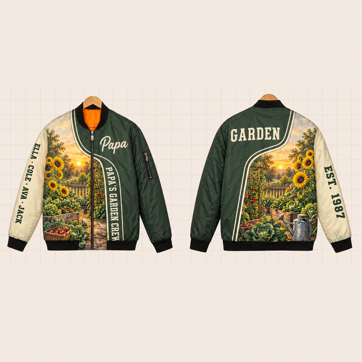 All-Over Print Bomber Jacket personalized with "Papa's Garden Crew" and sunflower artwork on the back