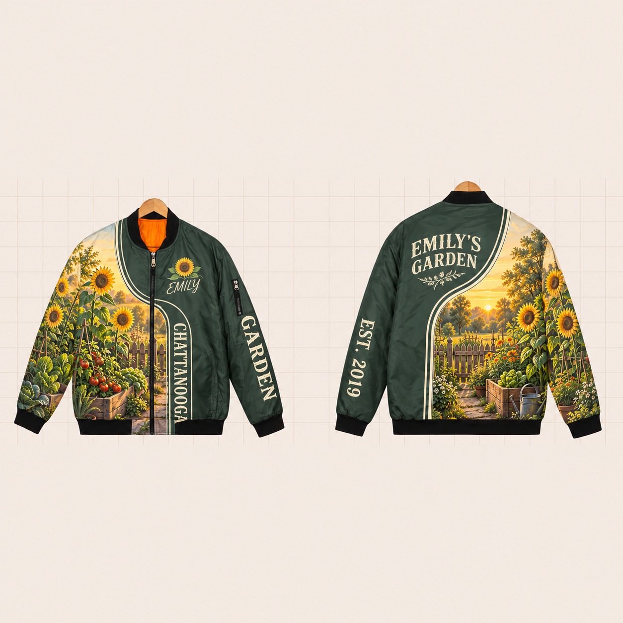 All-Over Print Bomber Jacket personalized with "Chattanooga Garden" and sunflower artwork on the back