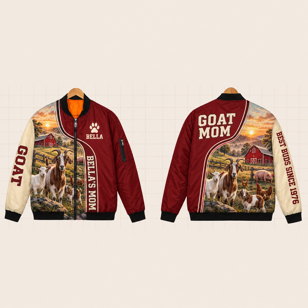 All-Over Print Bomber Jacket personalized with "Goat Mom" and barn artwork on the back