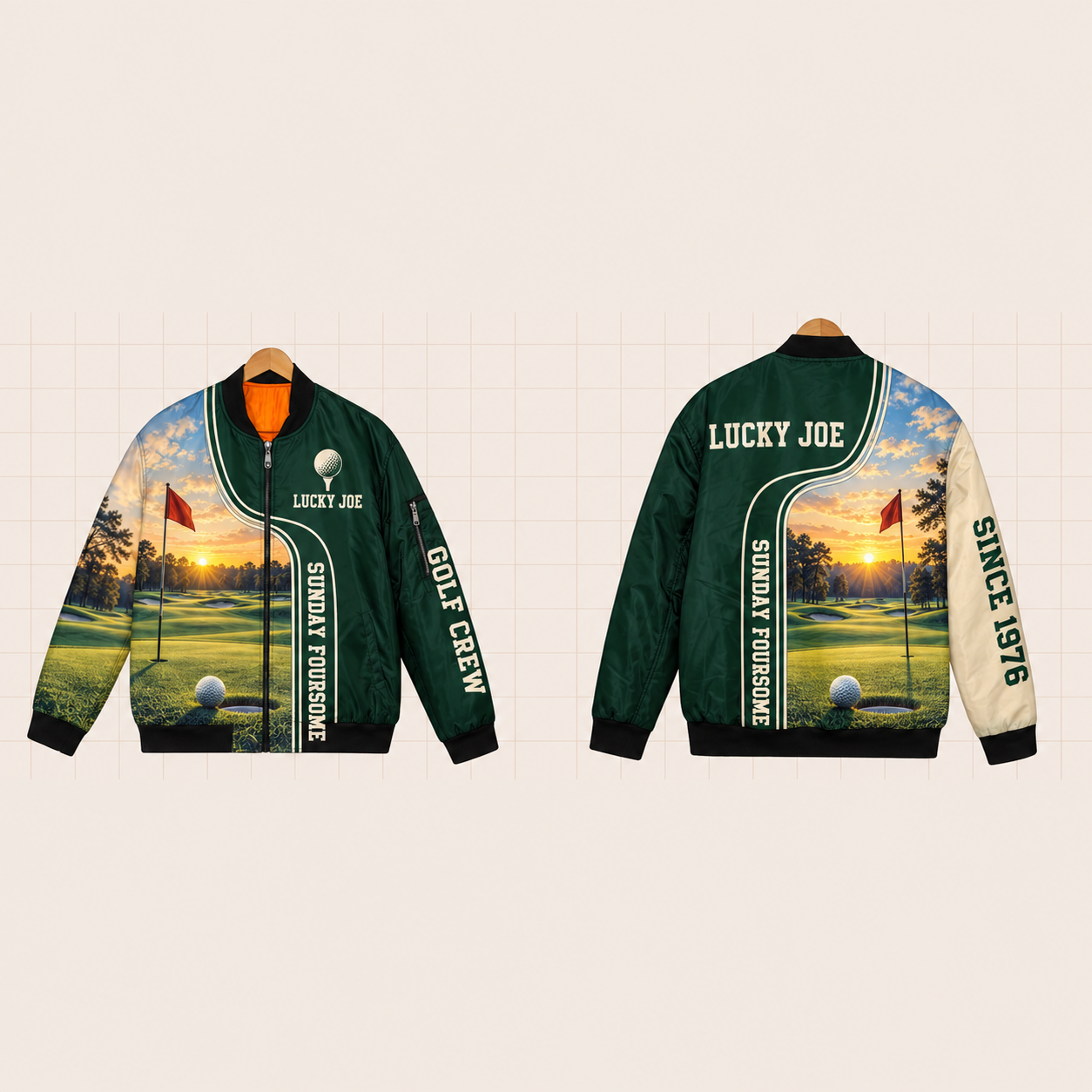 All-Over Print Bomber Jacket personalized with "Sunday Foursome Golf" and golf ball on tee artwork on the back