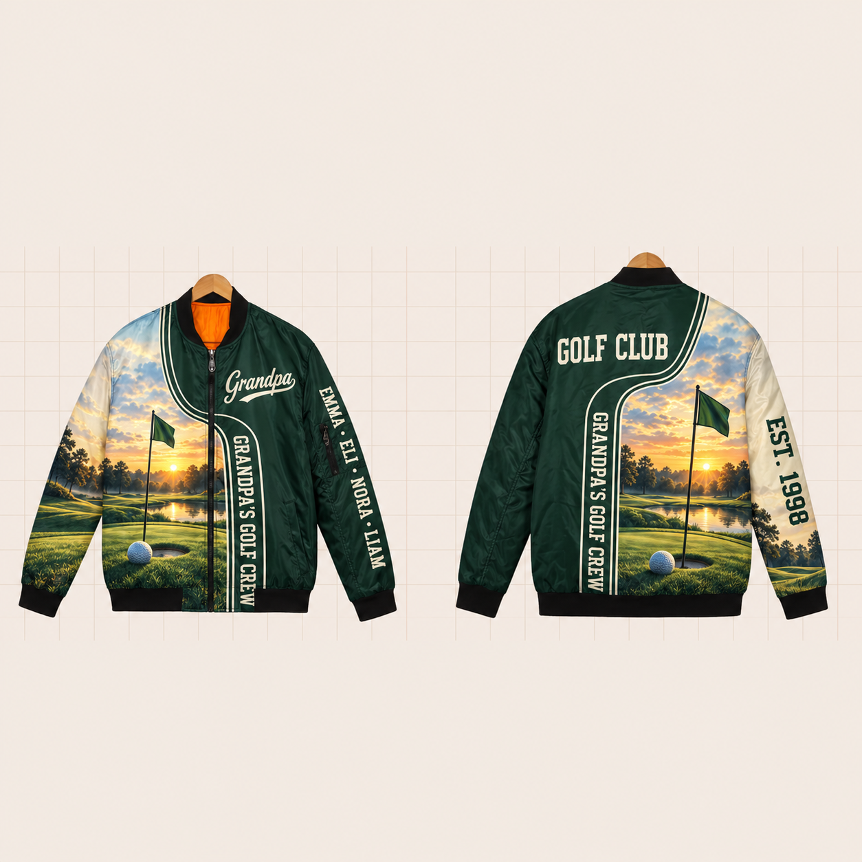 All-Over Print Bomber Jacket personalized with "Grandpa's Golf Crew" and golf ball on tee artwork on the back