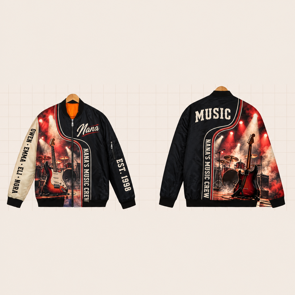 All-Over Print Bomber Jacket personalized with "Nana's Music Crew" and drumsticks artwork on the back