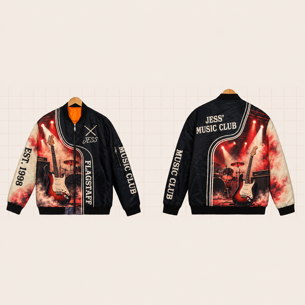 All-Over Print Bomber Jacket personalized with "Flagstaff Music Club" and drumsticks artwork on the back