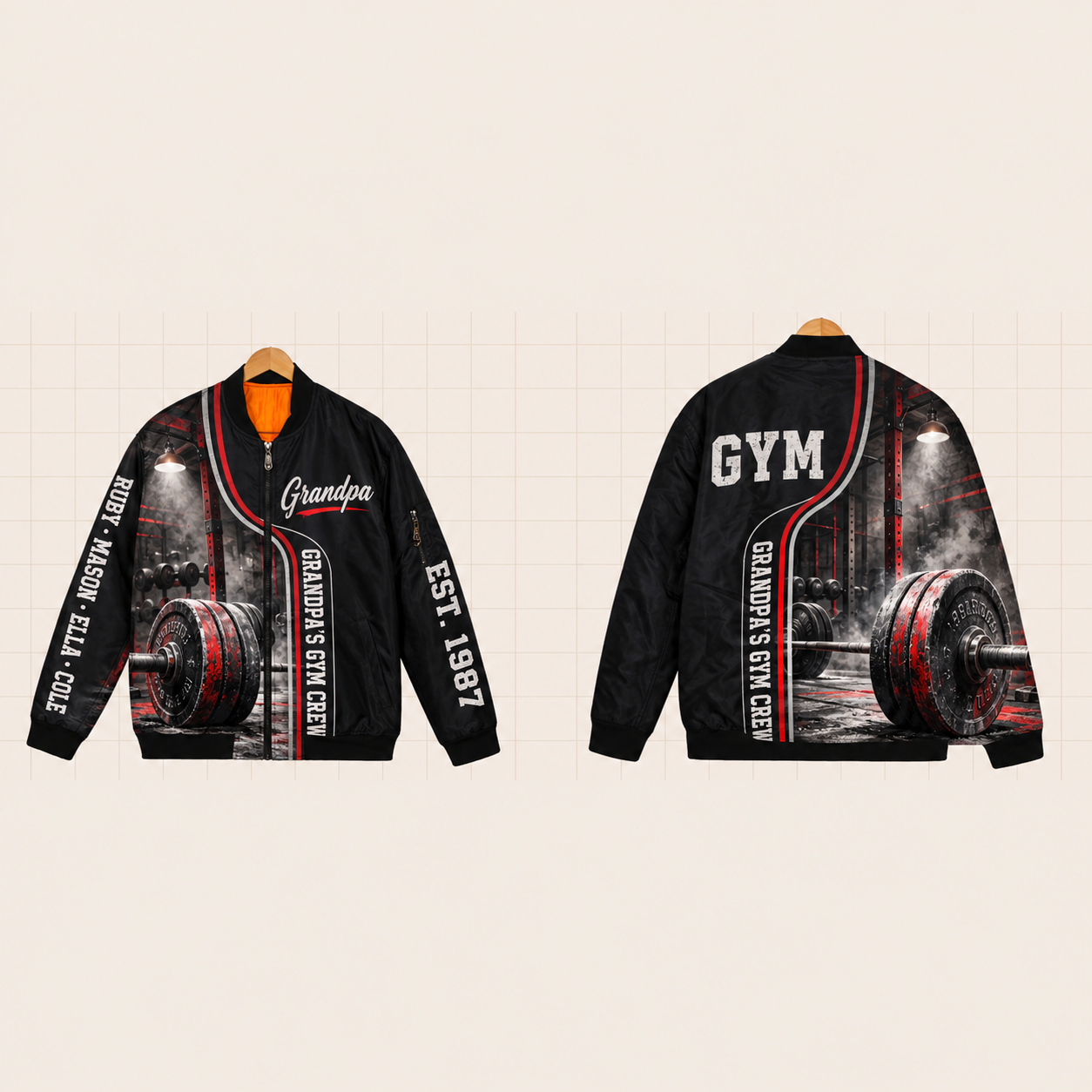 All-Over Print Bomber Jacket personalized with "Grandpa's Gym Crew" and kettlebell artwork on the back