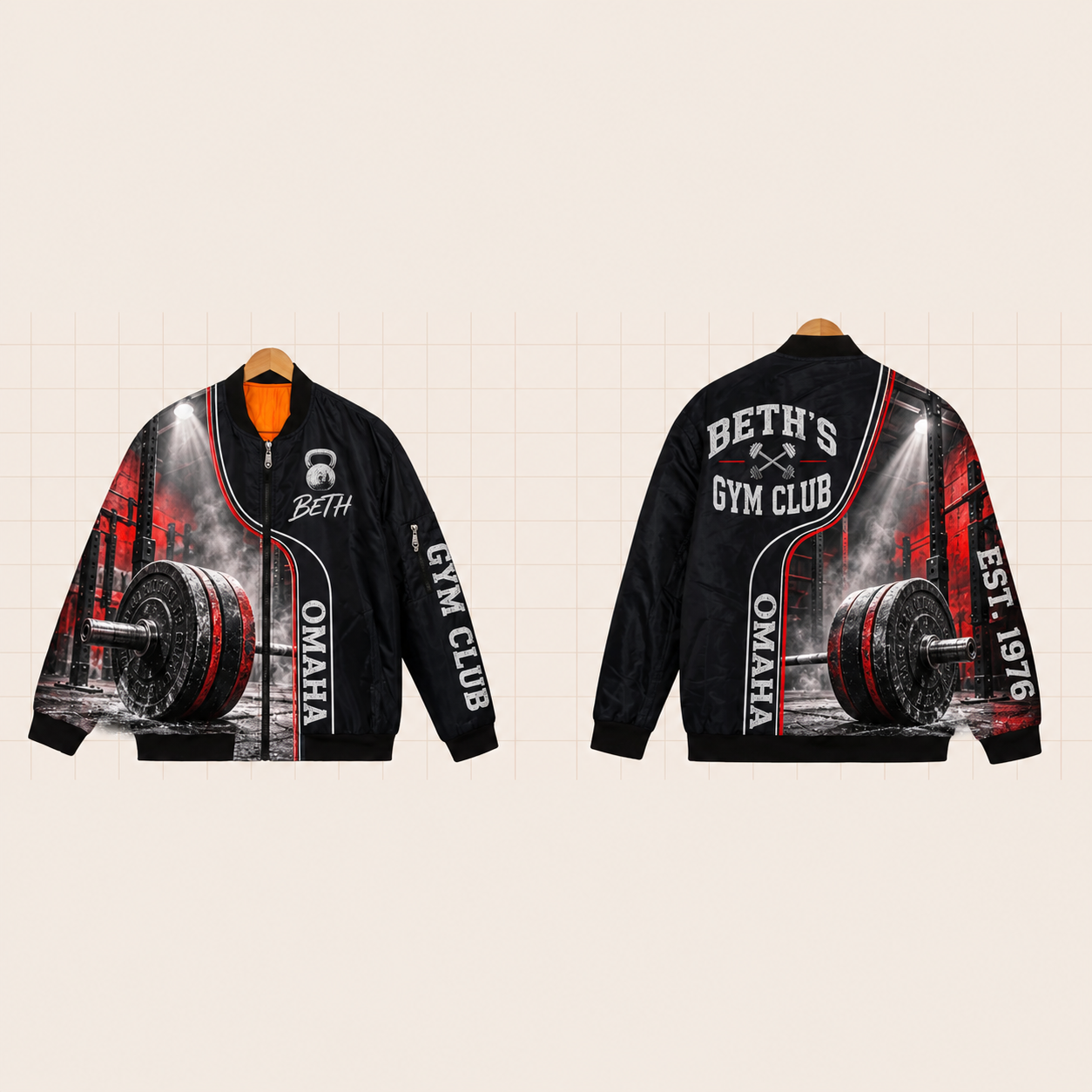 All-Over Print Bomber Jacket personalized with "Omaha Gym Club" and kettlebell artwork on the back