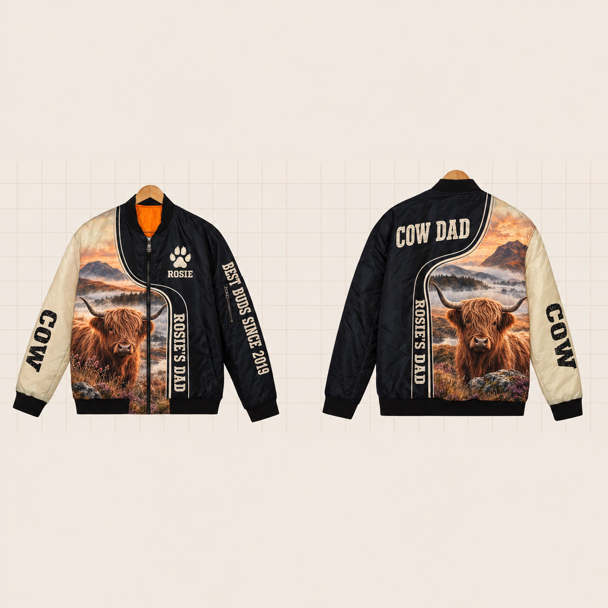 All-Over Print Bomber Jacket personalized with "Cow Dad" and cow bell artwork on the back