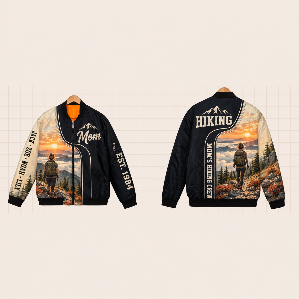 All-Over Print Bomber Jacket personalized with "Mom's Hiking Crew" and hiking boot artwork on the back