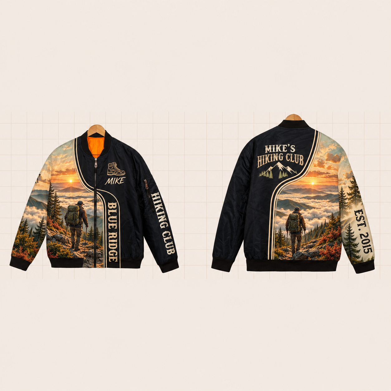 All-Over Print Bomber Jacket personalized with "Blue Ridge Hiking Club" and hiking boot artwork on the back