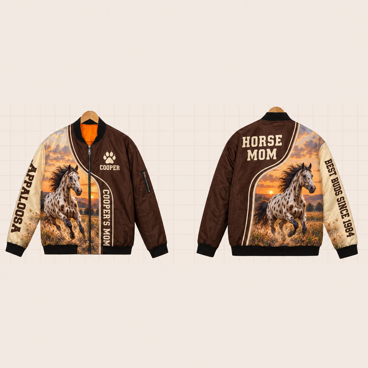 All-Over Print Bomber Jacket personalized with "Appaloosa Mom" and horseshoe artwork on the back