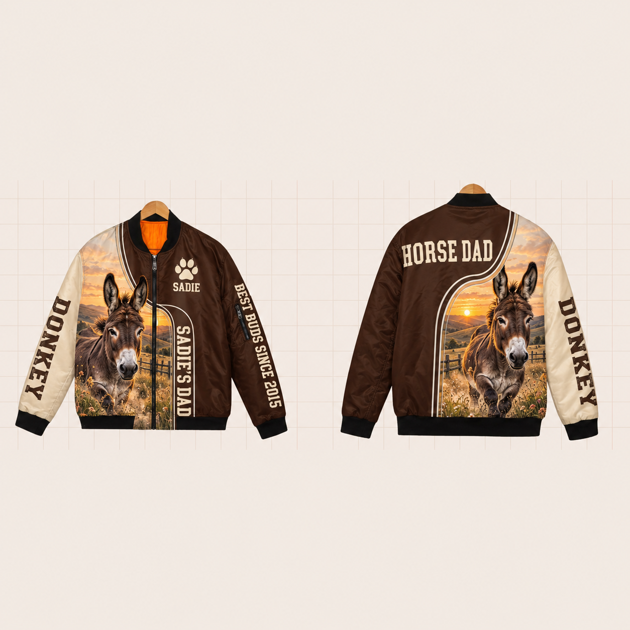 All-Over Print Bomber Jacket personalized with "Donkey Dad" and horseshoe artwork on the back