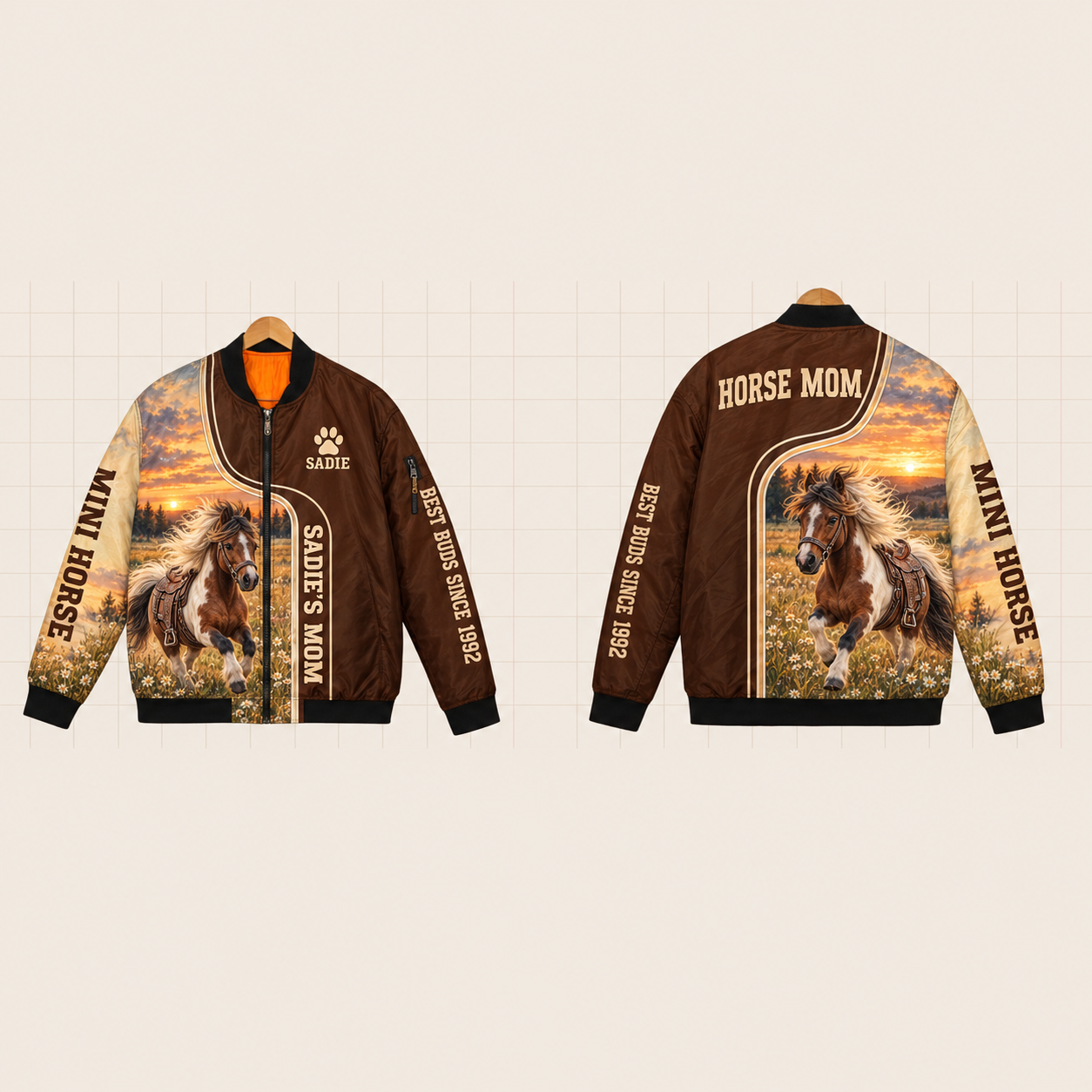All-Over Print Bomber Jacket personalized with "Mini Horse Mom" and horseshoe artwork on the back