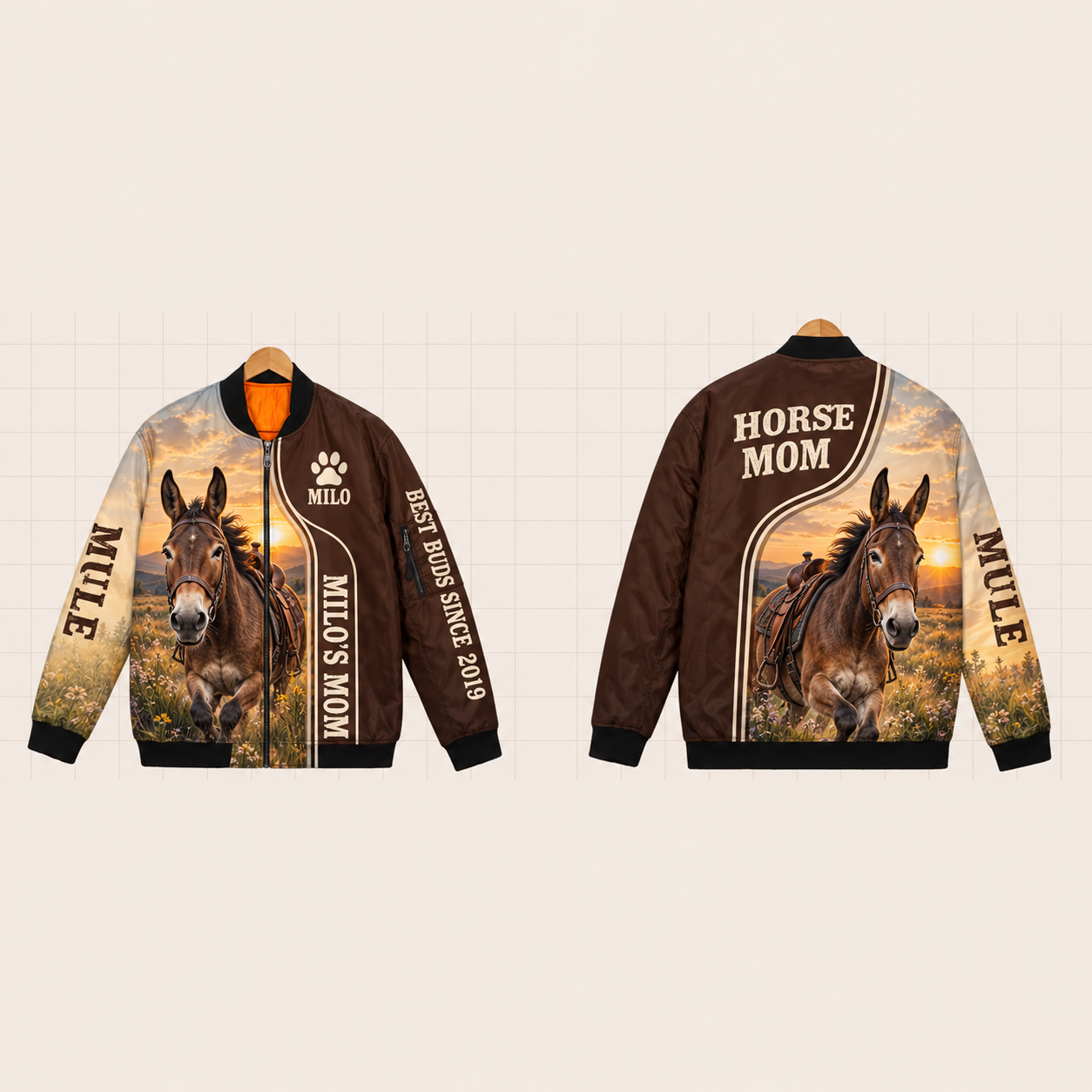 All-Over Print Bomber Jacket personalized with "Mule Mom" and horseshoe artwork on the back