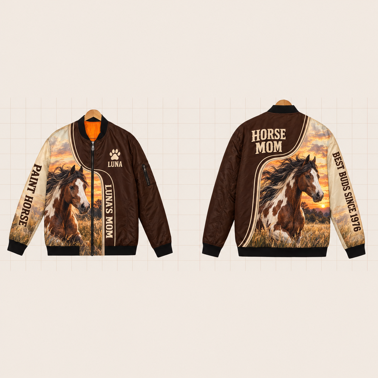 All-Over Print Bomber Jacket personalized with "Paint Horse Mom" and horseshoe artwork on the back