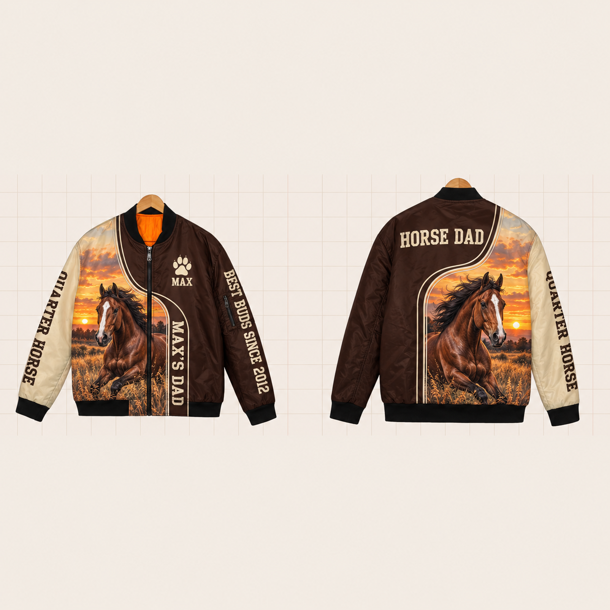 All-Over Print Bomber Jacket personalized with "Quarter Horse Dad" and horseshoe artwork on the back