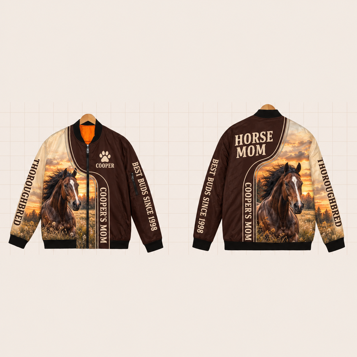 All-Over Print Bomber Jacket personalized with "Thoroughbred Mom" and horseshoe artwork on the back