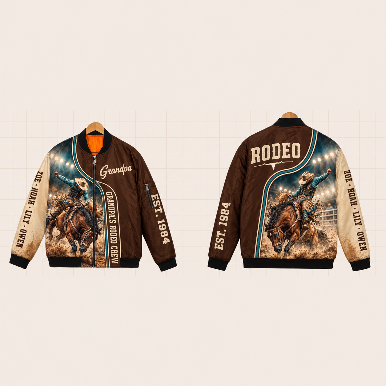 All-Over Print Bomber Jacket personalized with "Grandpa's Rodeo Crew" and realistic side-view horse head in fine line art, not a sports mascot artwork on the back