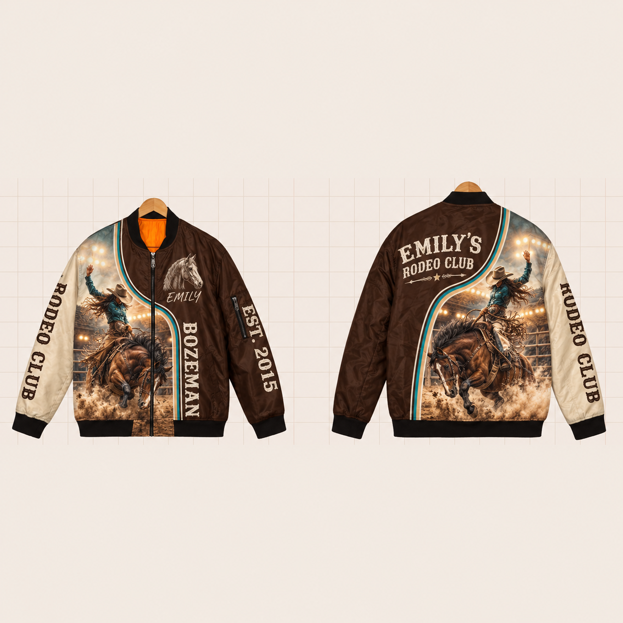 All-Over Print Bomber Jacket personalized with "Bozeman Rodeo Club" and realistic side-view horse head in fine line art, not a sports mascot artwork on the back