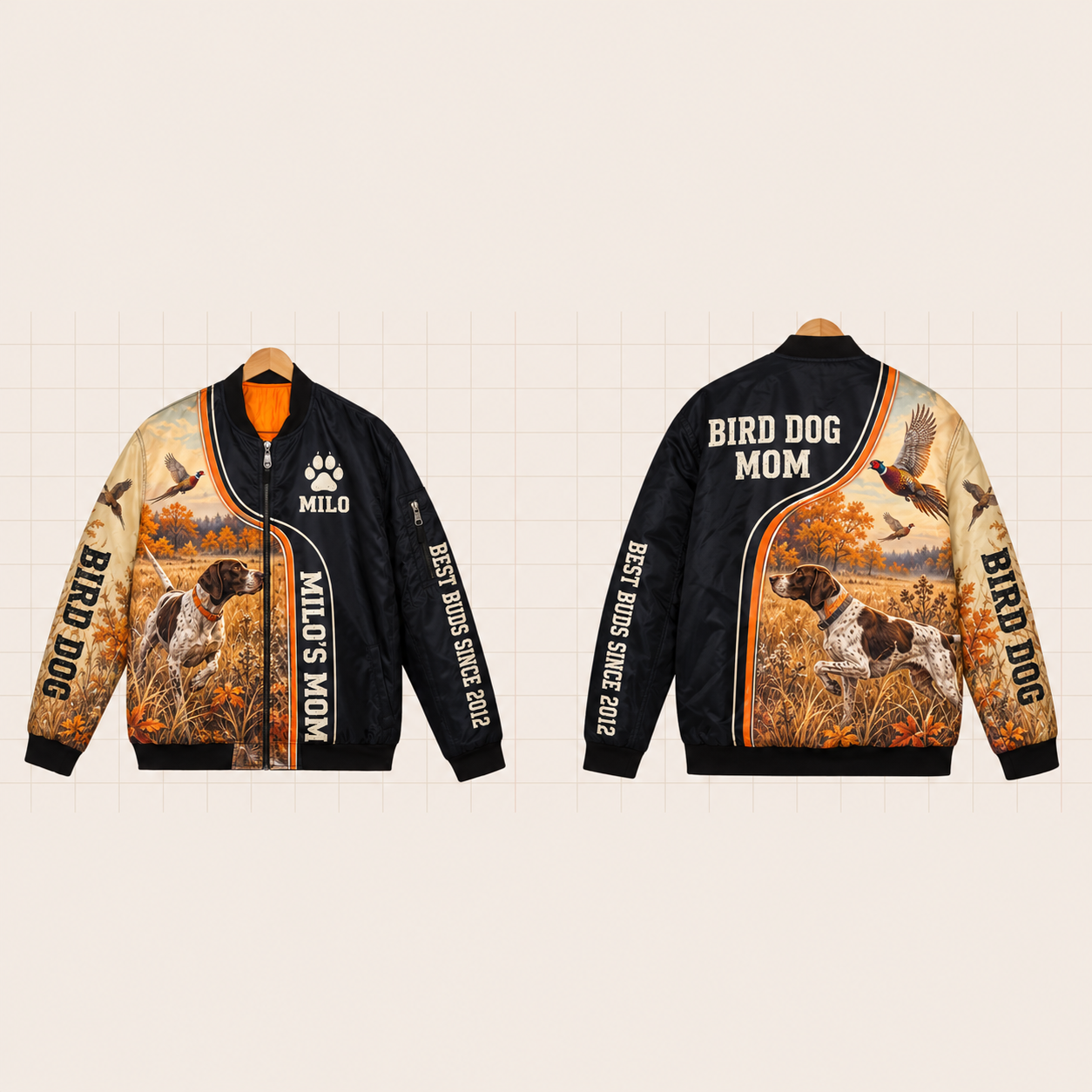 All-Over Print Bomber Jacket personalized with "Bird Dog Mom" and pheasant feather artwork on the back