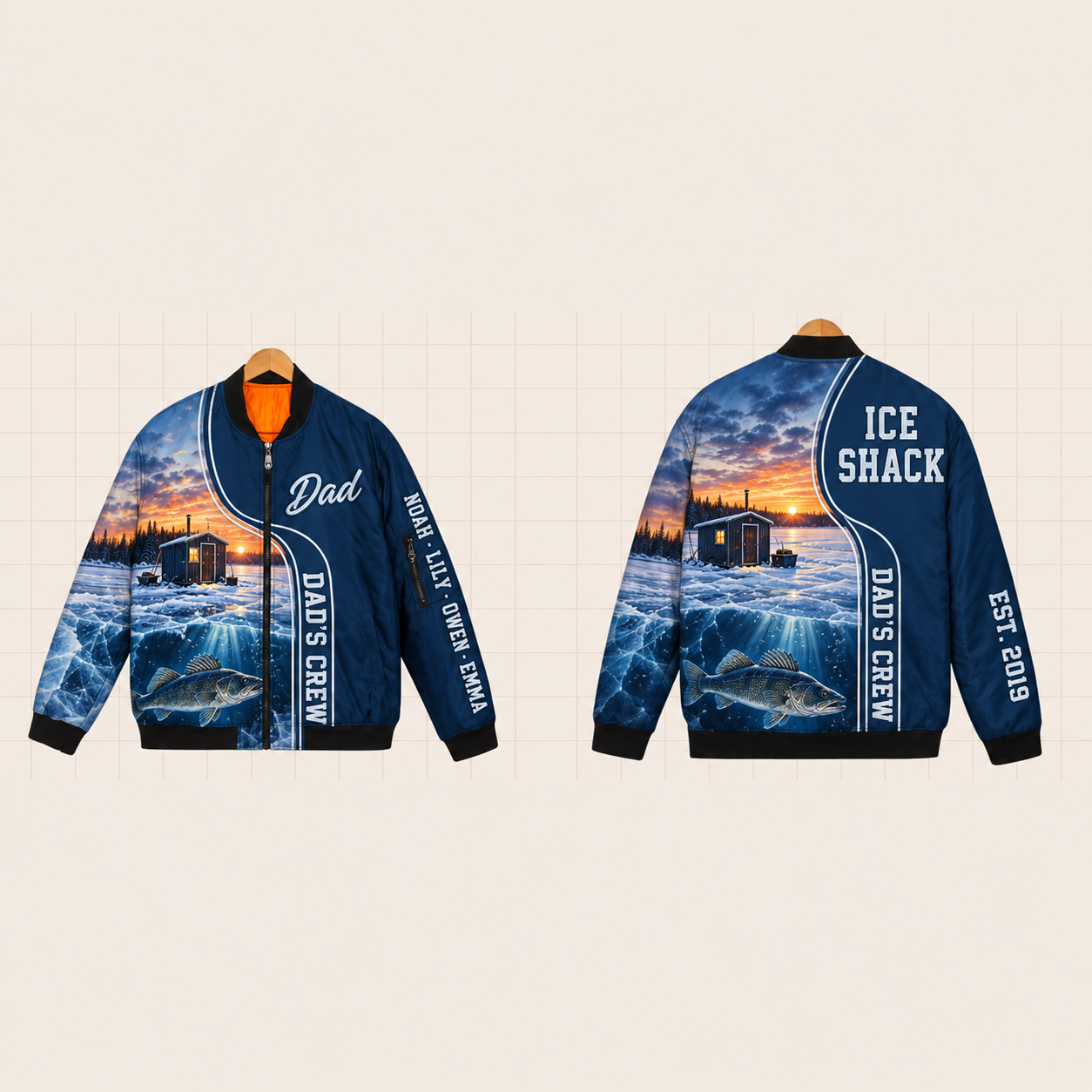 All-Over Print Bomber Jacket personalized with "Dad's Ice Fishing Crew" and ice auger artwork on the back