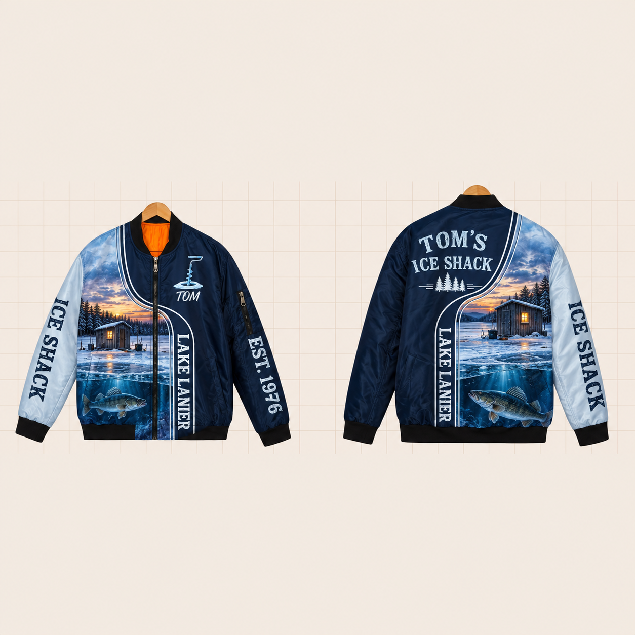 All-Over Print Bomber Jacket personalized with "Lake Lanier Ice Shack" and ice auger artwork on the back