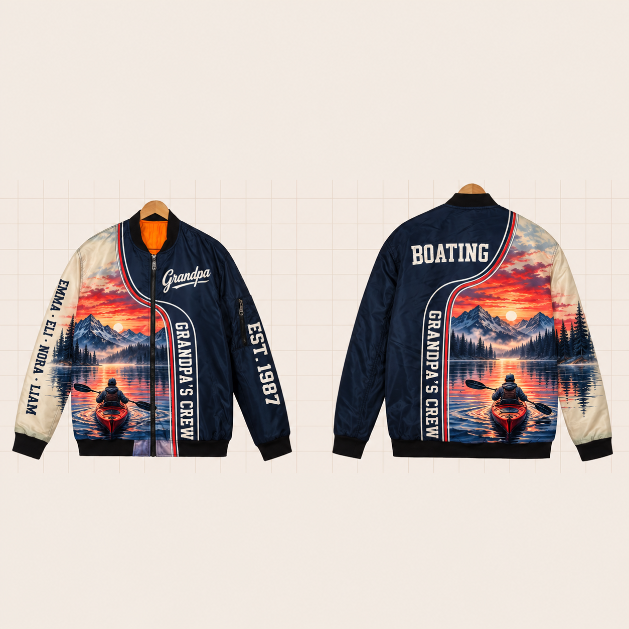 All-Over Print Bomber Jacket personalized with "Grandpa's Boating Crew" and anchor artwork on the back