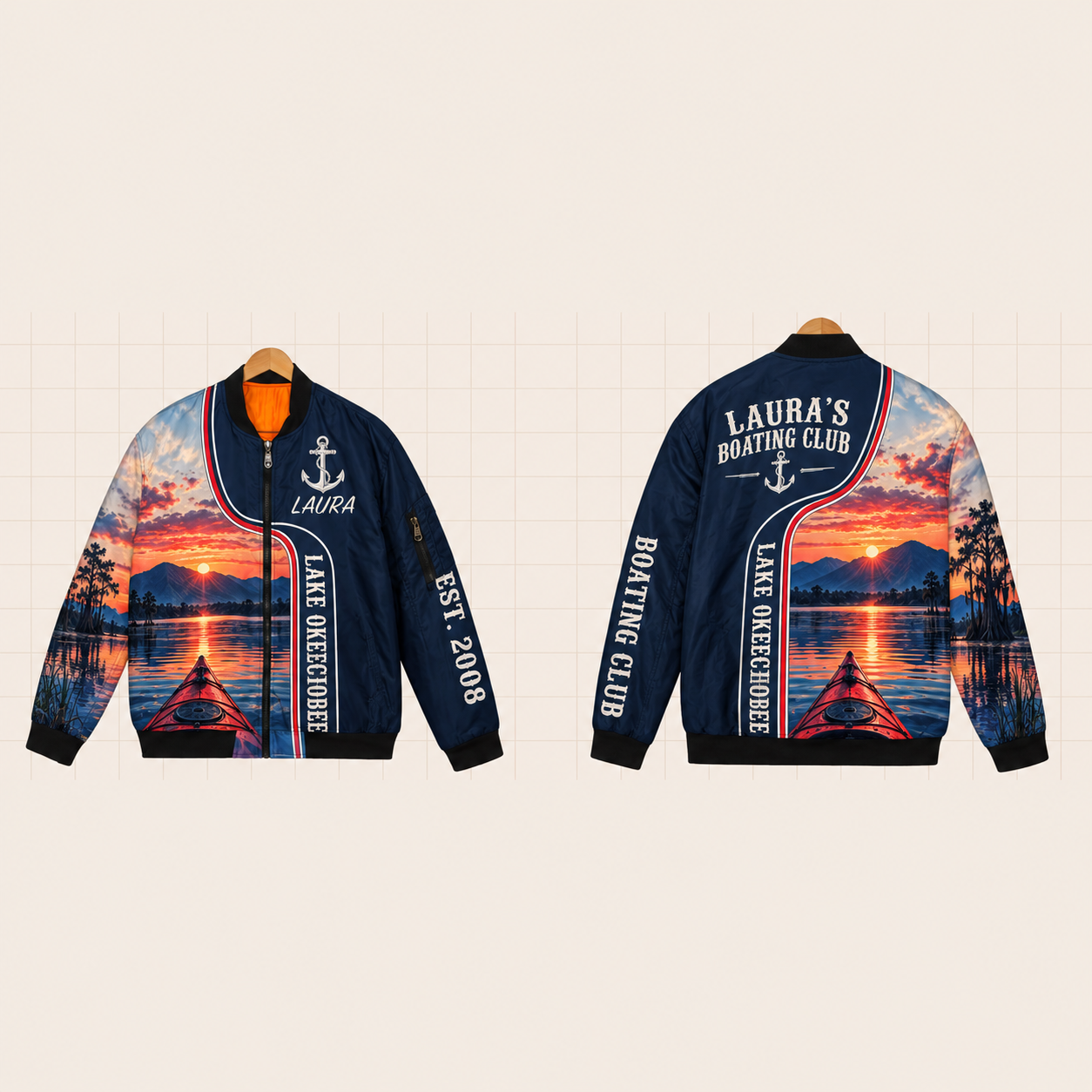 All-Over Print Bomber Jacket personalized with "Lake Okeechobee Boating Club" and anchor artwork on the back